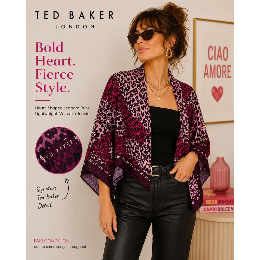 Ted Baker London Pink Purple Heart Leopard Print Kimono Wrap Shawl Cover Up